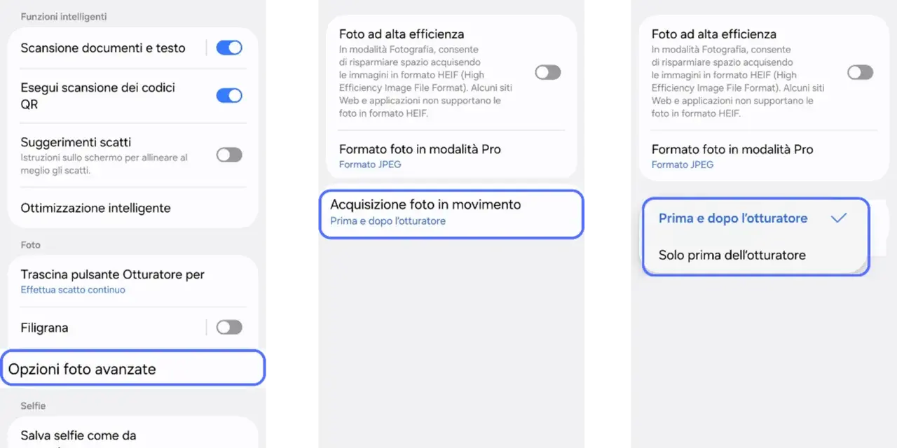Impostazioni fotocamera Android: opzioni foto avanzate, acquisizione foto in movimento "Prima e dopo l'otturatore".