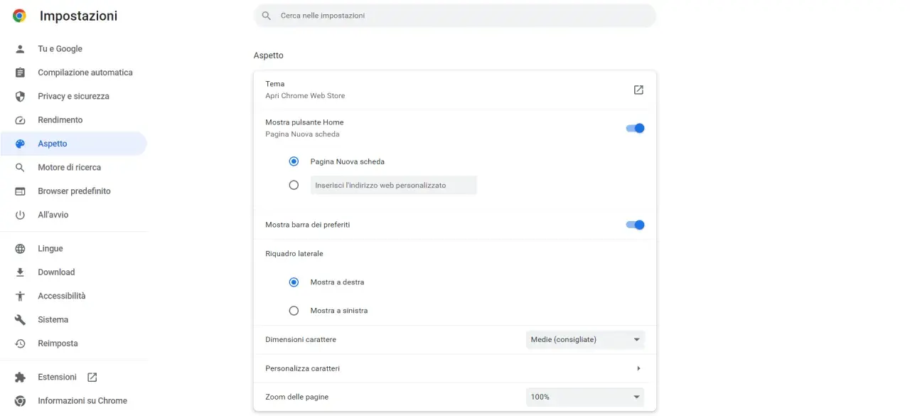 Impostazioni di Chrome: seleziona "Pagina Nuova scheda" per impostare nuova scheda chrome.