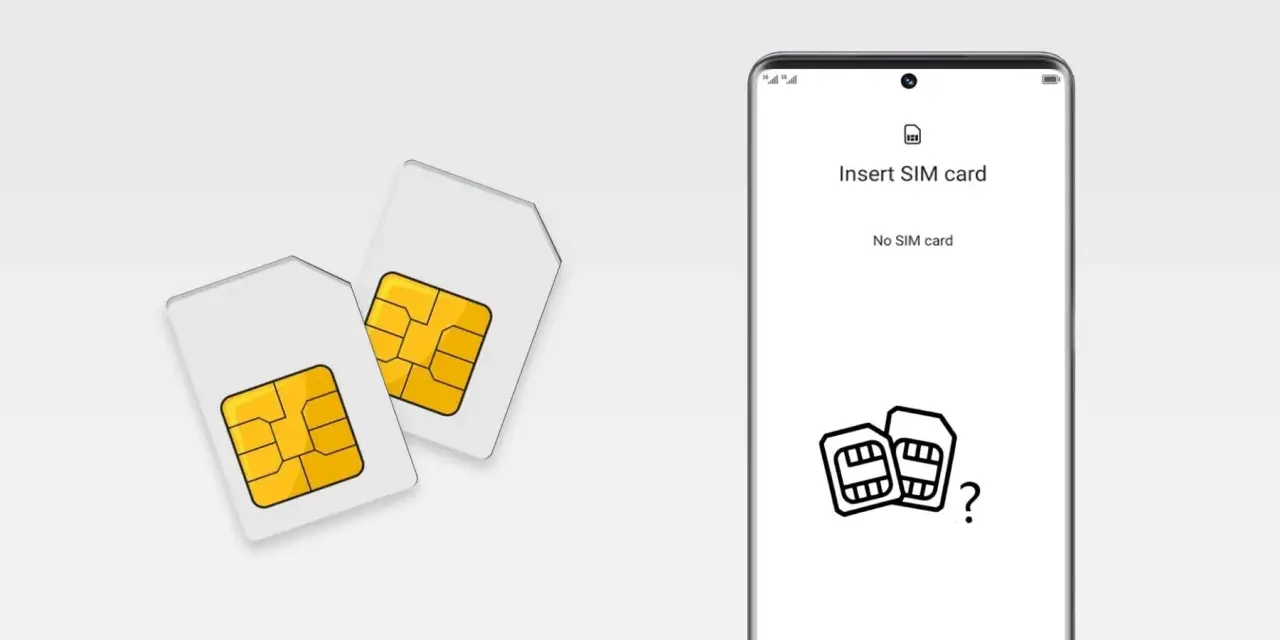 Due SIM card su sfondo bianco, accanto a uno smartphone che mostra "Insert SIM card" e un'icona con due SIM e un punto interrogativo. Guida su come si mette la SIM nel Samsung.
