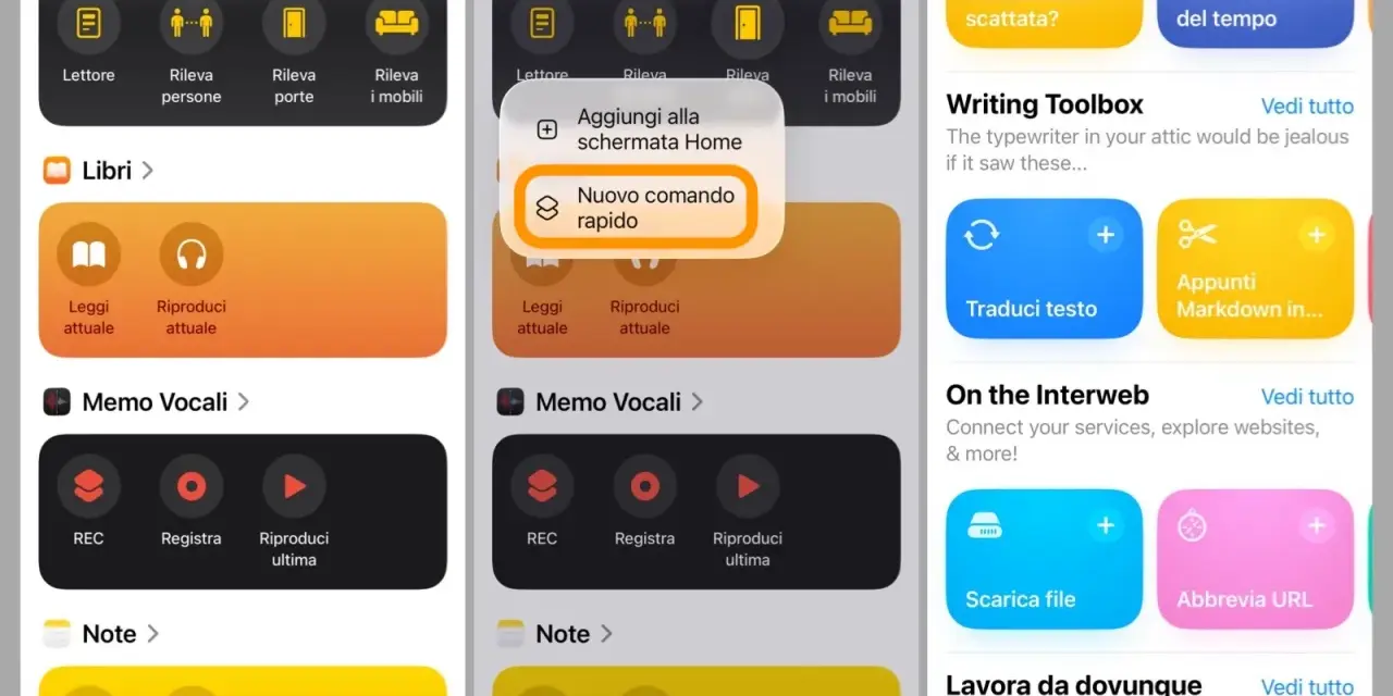 Schermate iPhone che mostrano la creazione di comandi rapidi, con opzioni per aggiungere nuove automazioni e gestire app.