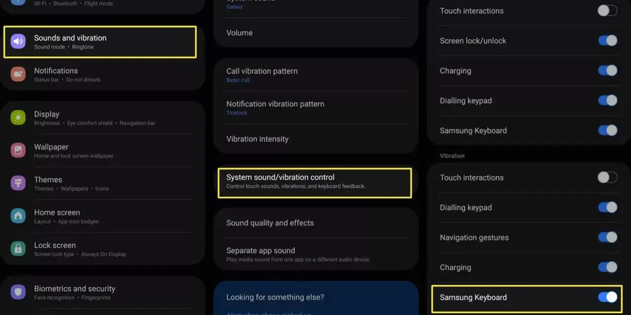 Impostazioni per togliere suono tastiera Samsung. Naviga in Suoni e vibrazione > Controllo suono/vibrazione di sistema.