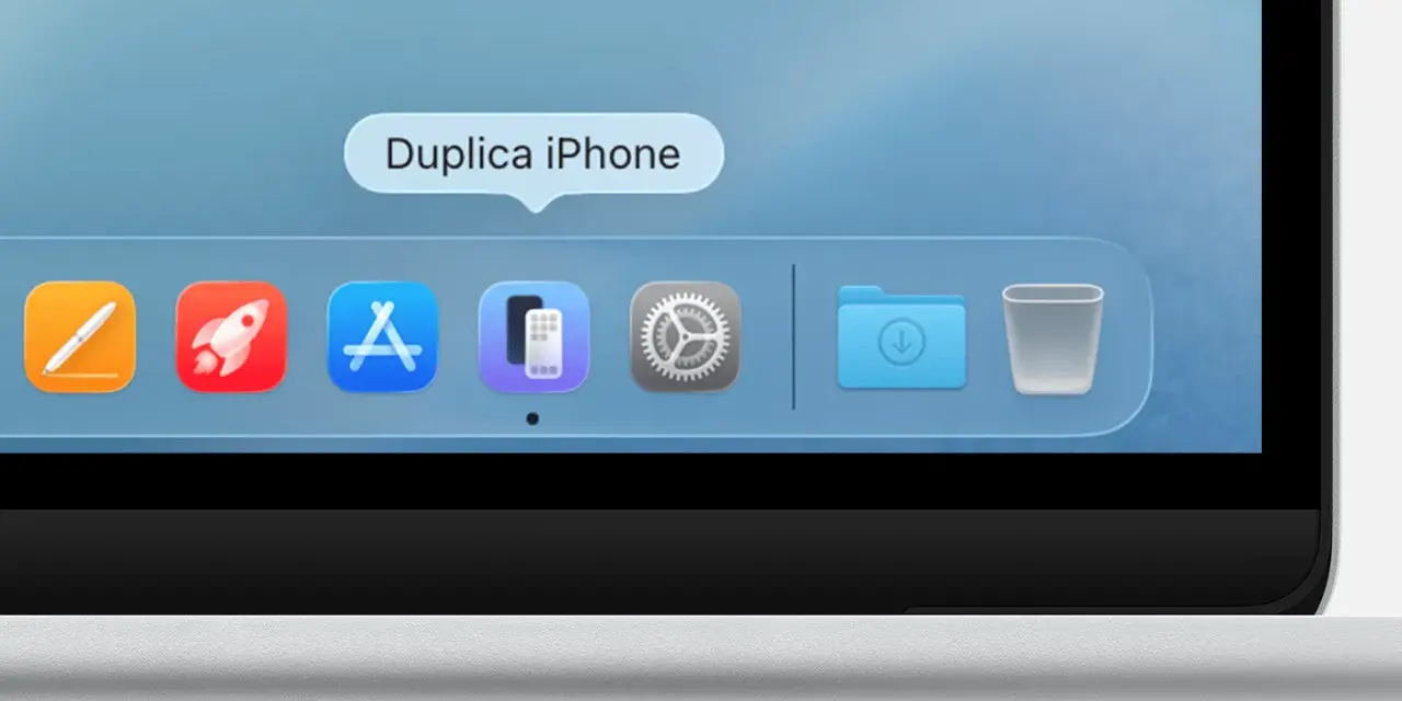 Icona per condividere schermo iPhone su Mac. Barra delle applicazioni con icone per app, impostazioni, download e cestino.