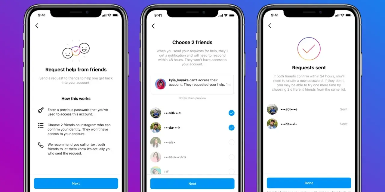 Schermate Instagram: richiesta aiuto amici per recuperare account. Se non è possibile accedere al tuo account, scegli 2 amici per confermare la tua identità.