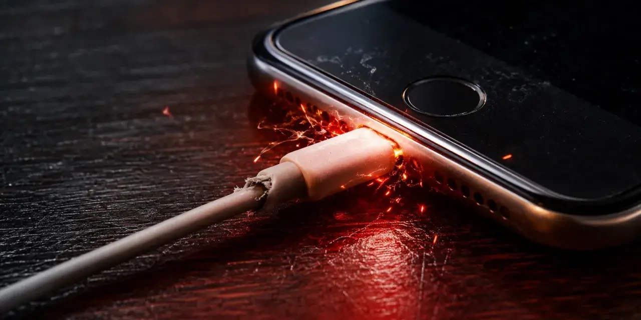 Un cavo di ricarica danneggiato provoca scintille e fiamme vicino alla porta del telefono, suggerendo una scheda madre del telefono bruciata.