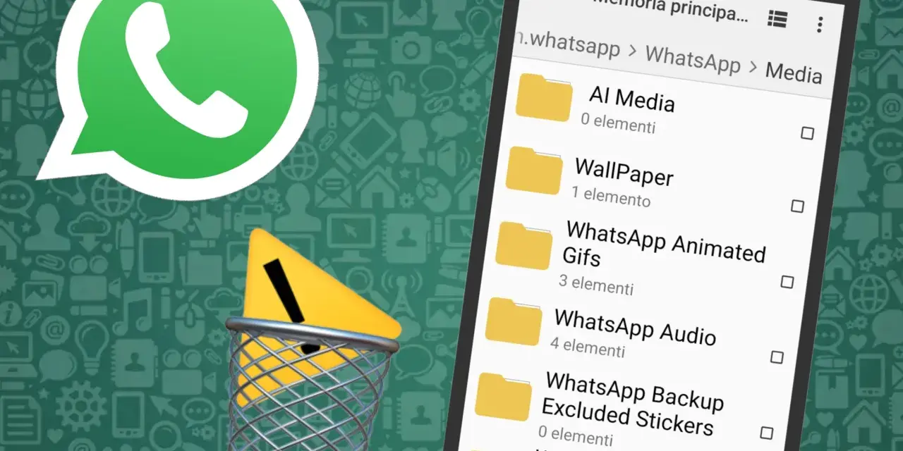 Il logo WhatsApp e un cestino con un segnale di pericolo indicano che si può cancellare un SMS inviato.