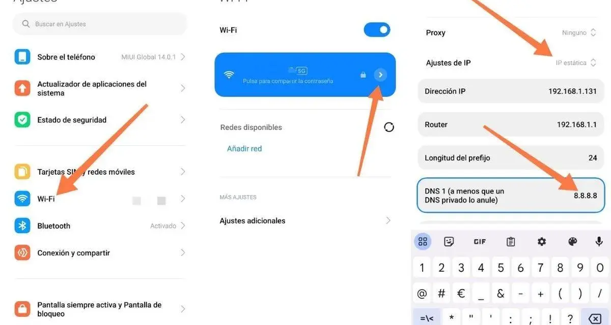 Configurazione DNS su Android: imposta 8.8.8.8 per i migliori DNS.