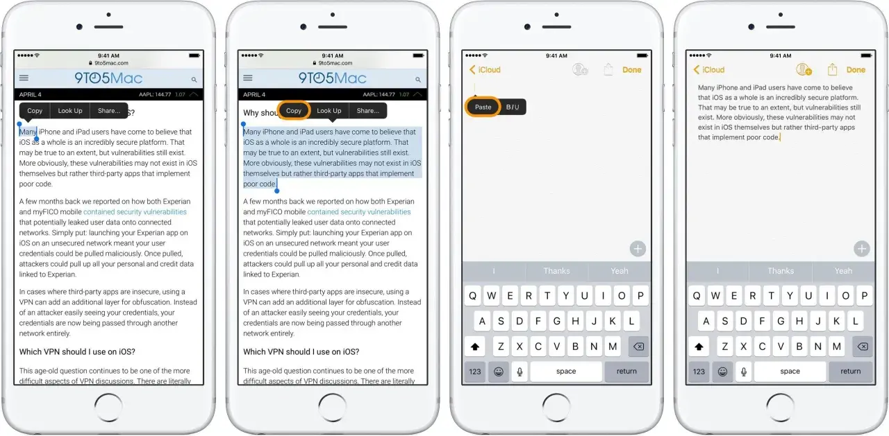 Dimostrazione di come si fa copia e incolla sul cellulare: seleziona testo, tocca "Copia", poi "Incolla" in un'altra app.