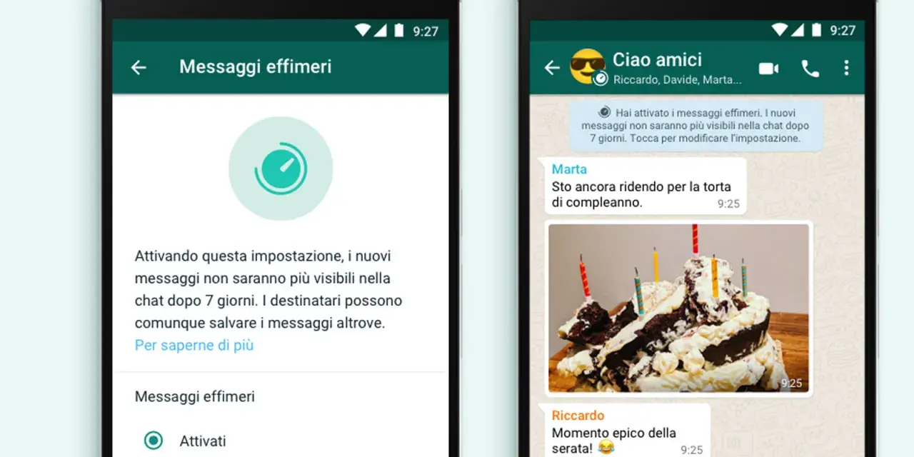 Schermata WhatsApp: attivando i messaggi effimeri, l'altro lo vede. La chat mostra un promemoria: i messaggi spariscono dopo 7 giorni.