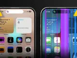 Schermo iPhone con colori strani e linee verticali viola e blu. Un avviso giallo con un punto esclamativo indica un problema.