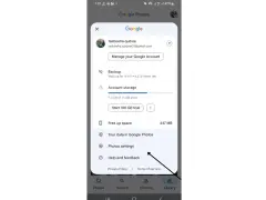 Menu di Google Foto con opzioni per backup, spazio account e impostazioni. Qui trovi anche le mie foto archiviate.