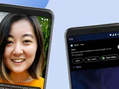 Due smartphone mostrano l'intelligenza di Android: uno con una persona che ride, l'altro con un messaggio e opzioni di risposta rapida.