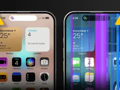 Schermo iPhone con colori strani e linee verticali viola e blu. Un avviso giallo con un punto esclamativo indica un problema.