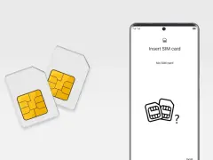 Due SIM card su sfondo bianco, accanto a uno smartphone che mostra "Insert SIM card" e un'icona con due SIM e un punto interrogativo. Guida su come si mette la SIM nel Samsung.