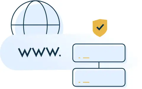 Icona di un globo con "www." e due riquadri collegati, suggerisce la necessità di cambiare DNS per una navigazione sicura e efficiente.