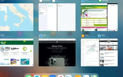 Multitasking android con mappe, Safari, Pages e Promemoria aperti. Un vero campione del multitasking.
