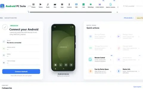 Interfaccia di Android PC Suite con ADB rilevato. In attesa di connessione dispositivo Android per gestione file e controllo remoto.