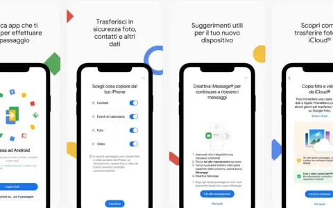 Schermate di un'app per il **cambio cellulare** e **trasferimento dati** da iPhone ad Android, con opzioni per copiare foto, contatti e video.