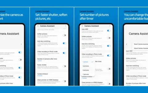 Schermate dell'app Camera Assistant Samsung per personalizzare le impostazioni della fotocamera, come Auto HDR e numero di foto dopo il timer.