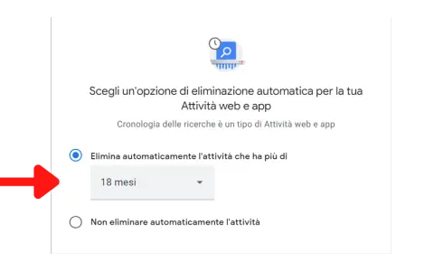 Opzione per rimuovere suggerimenti cronologia: elimina automaticamente l'attività più vecchia di 18 mesi.