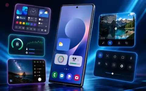 Smartphone Samsung con widget interattivi: meteo, foto, musica e impostazioni. La sensibilità al tocco Samsung rende l'esperienza fluida.