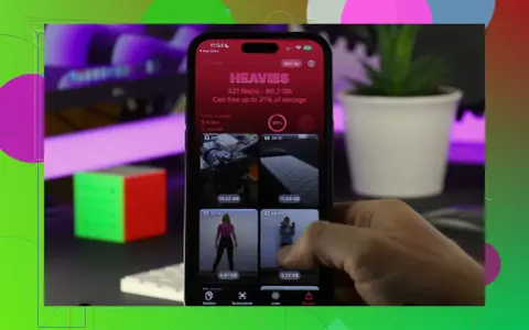Un iPhone mostra l'app "Heavies" per liberare spazio, con file pesanti come video e foto.