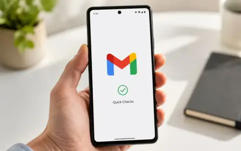 Smartphone con logo Gmail e "Quick Checks". Potrebbe indicare un problema di sincronizzazione Gmail o un controllo rapido.