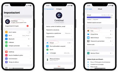 Schermate iPhone mostrano come liberare spazio iPhone gestendo iCloud, in particolare le foto.