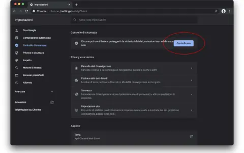 Impostazioni di sicurezza in Google Chrome. Il browser controlla violazioni dati ed estensioni non valide.