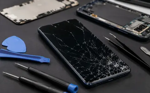 Smartphone Samsung con schermo rotto, pronto per la riparazione. Il touch screen non funziona più. Attrezzi per smontaggio inclusi.