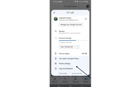 Menu di Google Foto con opzioni per backup, spazio account e impostazioni. Qui trovi anche le mie foto archiviate.