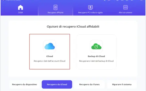 Interfaccia per il recupero dati iCloud. Seleziona "Recupero da iCloud" per accedere ai tuoi dati.