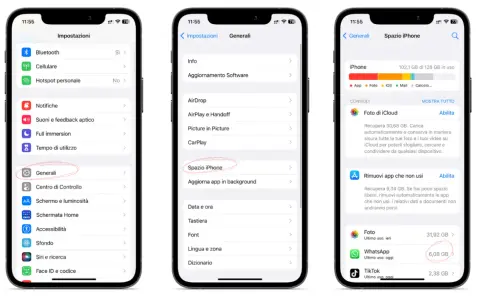 Guida per liberare spazio su iCloud: Impostazioni > Generali > Spazio iPhone. Qui trovi consigli per ottimizzare lo spazio.