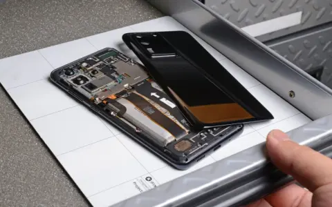 Cellulare aperto, si vede la batteria gonfia, pronta per la sostituzione.