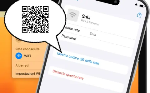 Codice QR per visualizzare password WiFi su Android. Mostra come condividere la rete "Sala" tramite QR code.
