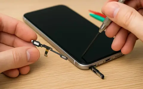 Riparazione tasto accensione rotto: un tecnico con pinzette e cacciavite lavora su un telefono, tenendo in mano il componente del tasto.