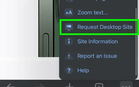 Menu del browser con opzione "Richiedi sito desktop" evidenziata, per visualizzare un sito desktop.