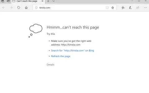 Errore DNS probe finished no internet. La pagina kinsta.com non si carica, suggerisce di controllare l'indirizzo o aggiornare.