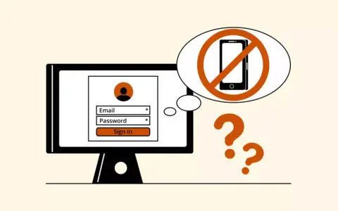 Schermata di login con campo email e password. Icona di divieto per smartphone e punti interrogativi suggeriscono come creare Gmail senza numero di telefono.