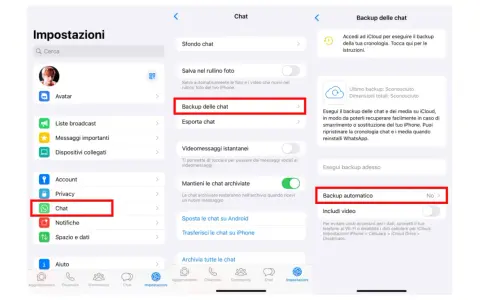 Impostazioni WhatsApp: per recuperare foto cancellate, vai su Chat > Backup delle chat. Esegui un backup automatico per sicurezza.