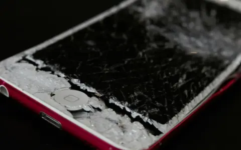 Cellulare caduto con schermo a righe, i frammenti di vetro coprono il tasto home.