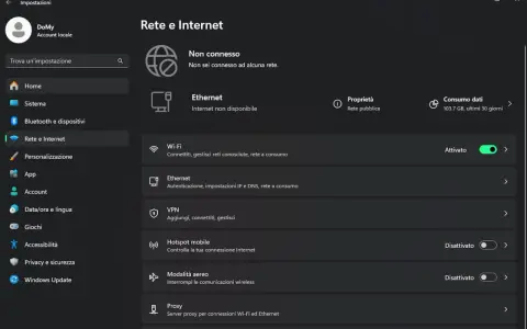Impostazioni di Rete e Internet: "Non è possibile connettersi a questa rete". Wi-Fi attivo, Ethernet non disponibile.
