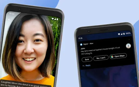 Due smartphone mostrano l'intelligenza di Android: uno con una persona che ride, l'altro con un messaggio e opzioni di risposta rapida.