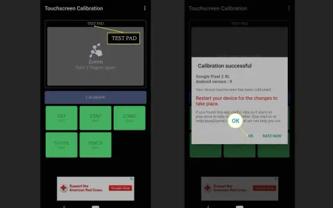 Schermata di calibrazione touch Android. Dopo la calibrazione, appare un messaggio di successo.