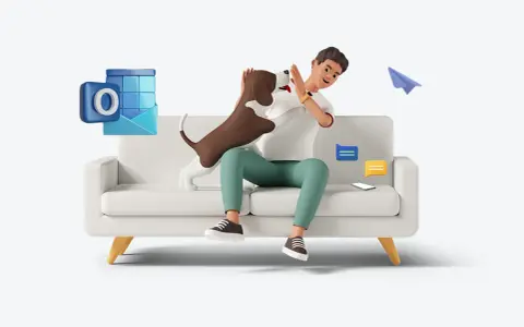 Un uomo gioca con il suo cane sul divano, mentre icone di Outlook e messaggi fluttuano intorno. La risposta automatica di Outlook è pronta per quando sei impegnato.