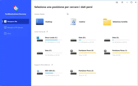 Interfaccia di recupero dati: seleziona Desktop, Cestino o una cartella per cercare file persi. Sono elencate unità interne ed esterne.