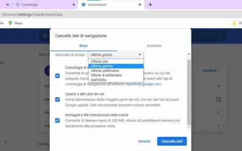 Impostazioni di Chrome per cancellare la cronologia di navigazione. Seleziona "Ultimo giorno" per eliminare i dati di navigazione.