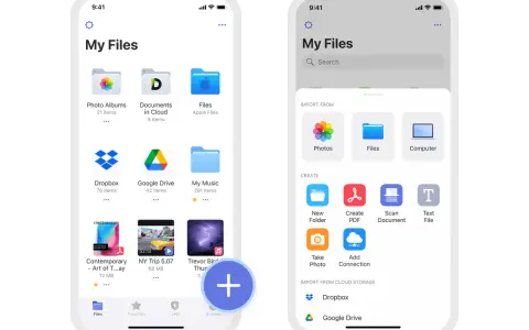 Schermate di un'app "My Files" con cartelle, documenti e video salvati. Un pulsante "+" blu indica la possibilità di aggiungere nuovi contenuti.