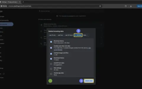 Impostazioni Chrome: come cancellare la cache del browser selezionando "Tutto il tempo" per eliminare cronologia, cookie e file temporanei.