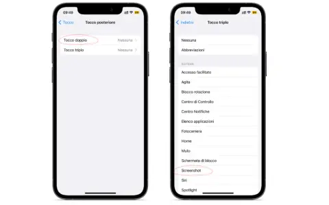 Impostazioni iPhone: tocco posteriore per "Tocco doppio" e "Screenshot" per catturare immagini dello schermo.
