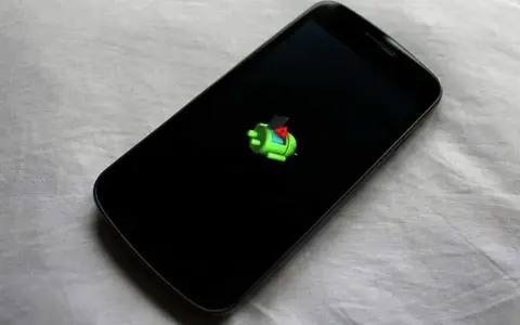 Smartphone con logo Android verde su schermo nero. Il display si accende e si spegne da solo, indicando un problema.